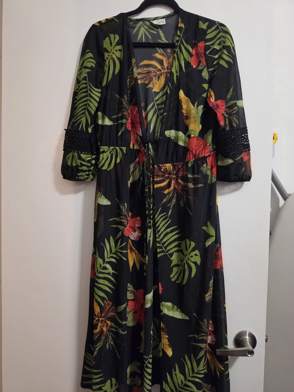 Black Tropical Floral Maxi Kimono with Drawstring Waist
